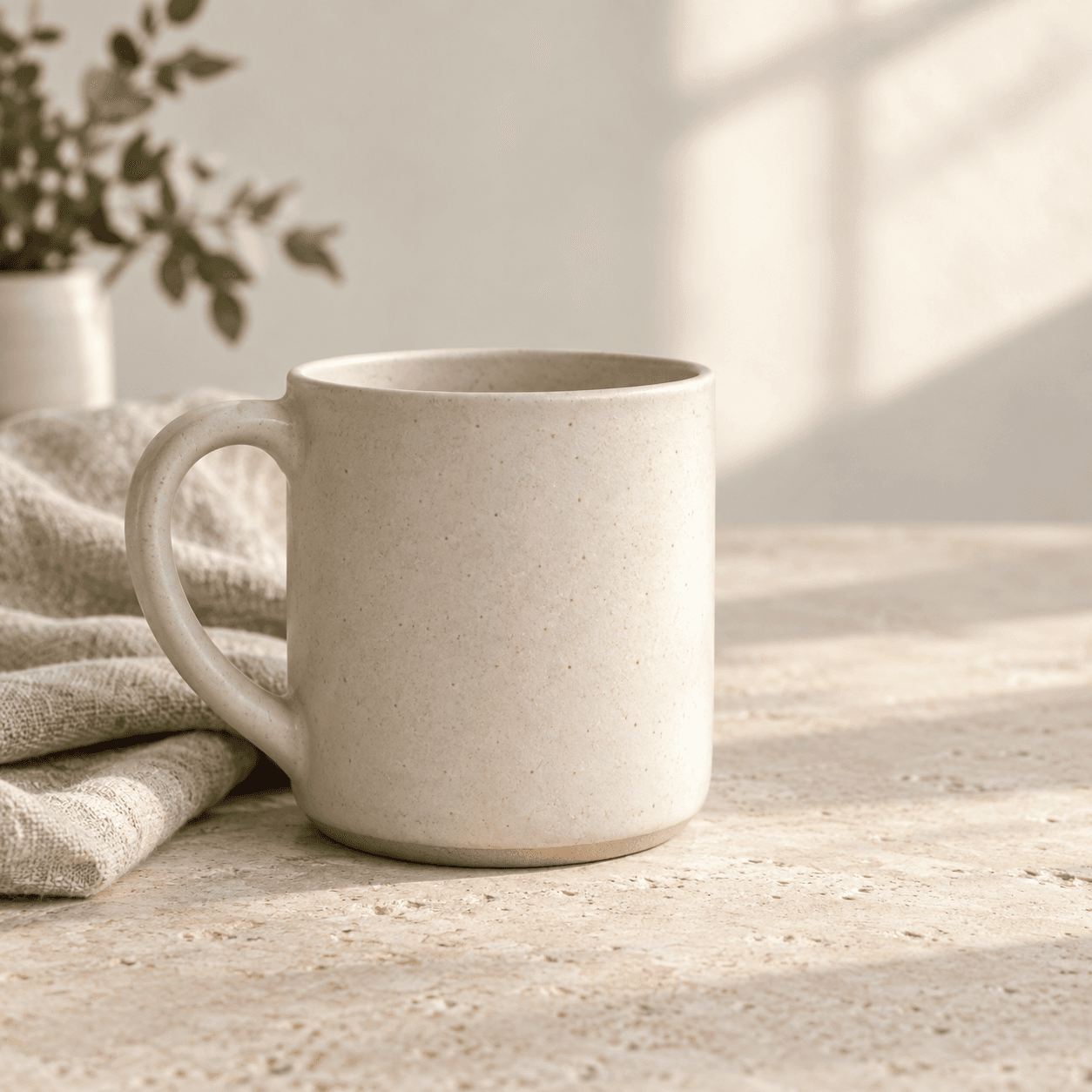Illustrative off-white ceramic mug on a pale tabletop beside linen fabric
